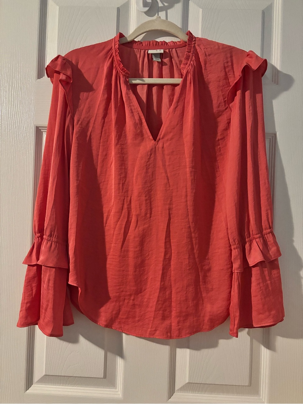 a new day Coral Ruffle V-Neck Long Sleeve Blouse